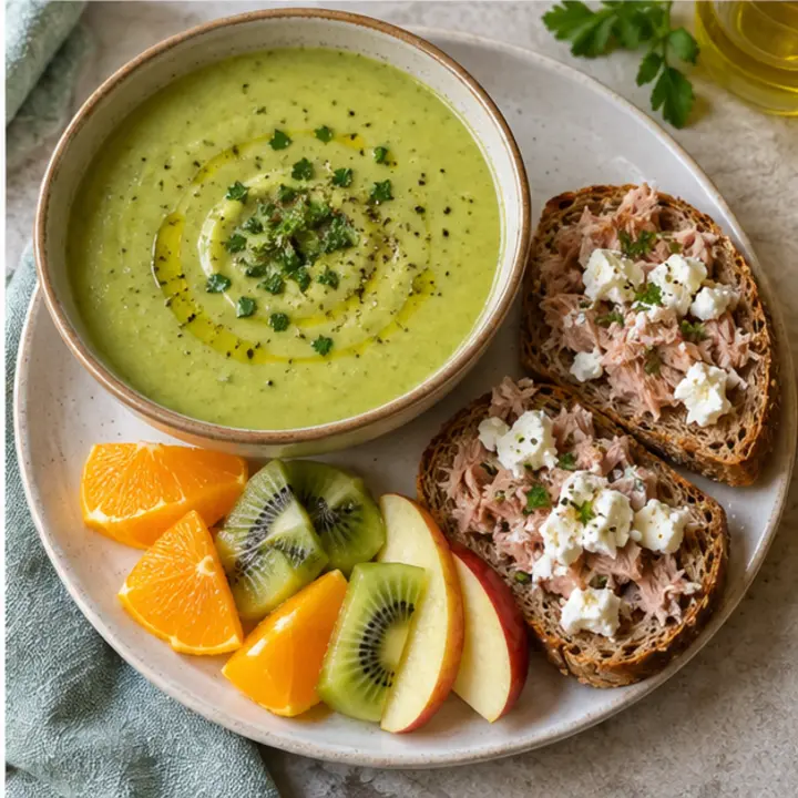Crema de calabacín con tortilla de atún y queso fresco