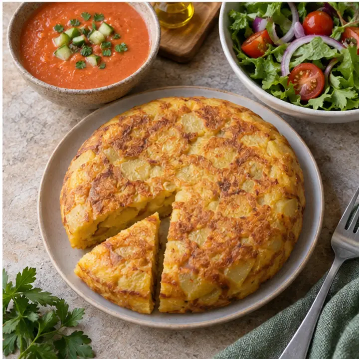 Tortilla de patata ligera con gazpacho y ensalada