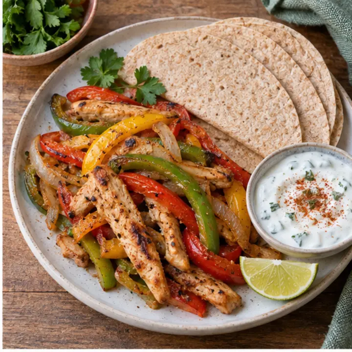 Fajitas integrales de pollo con pimientos, cebolla y yogur especiado