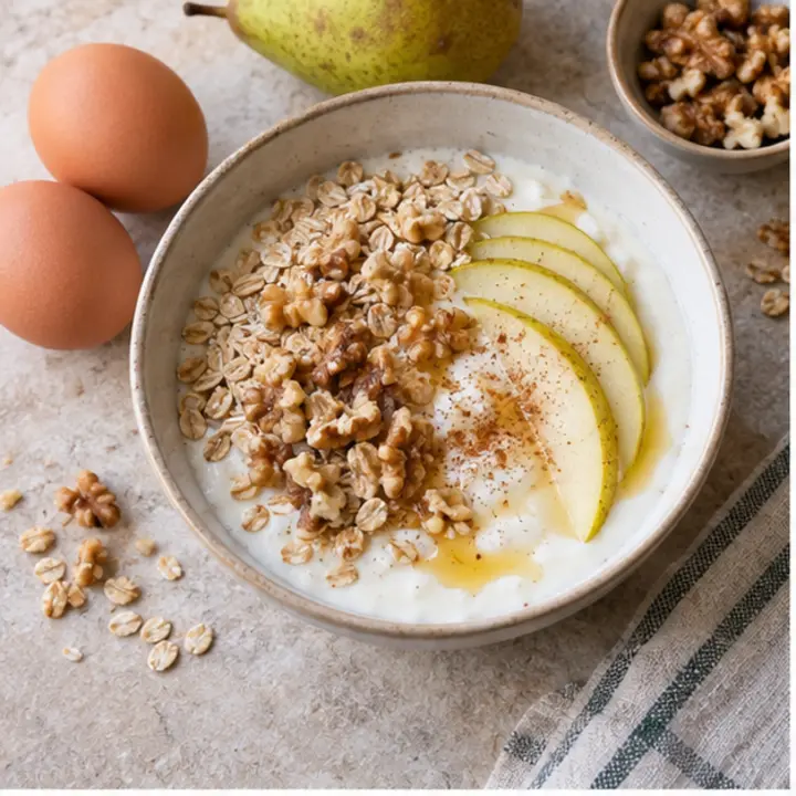 Yogur con avena, pera, nueces y huevos