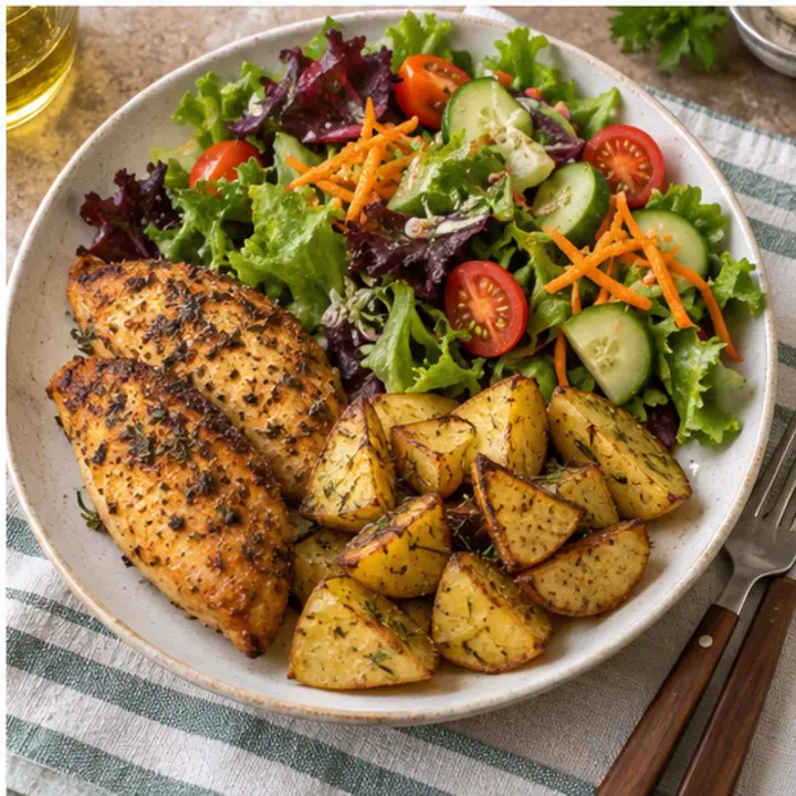 Pollo con patatas en freidora de aire y ensalada