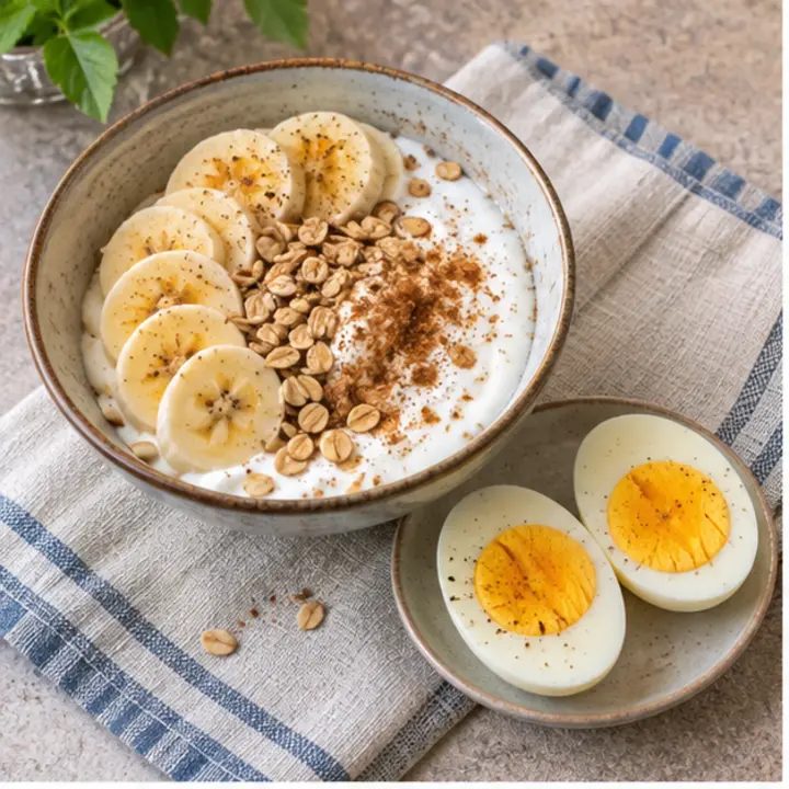 Bol de yogur con avena, plátano y canela acompañado de huevos