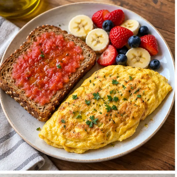 Tostadas integrales con tomate, tortilla y fruta