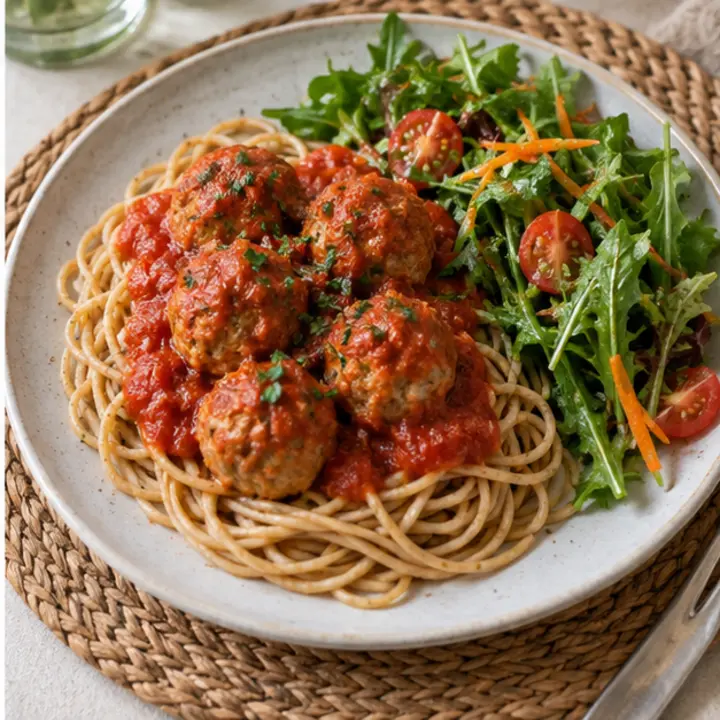 Albóndigas de pavo en tomate con espagueti integral y ensalada
