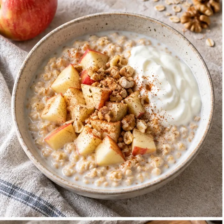 Porridge de avena con leche, manzana y yogur