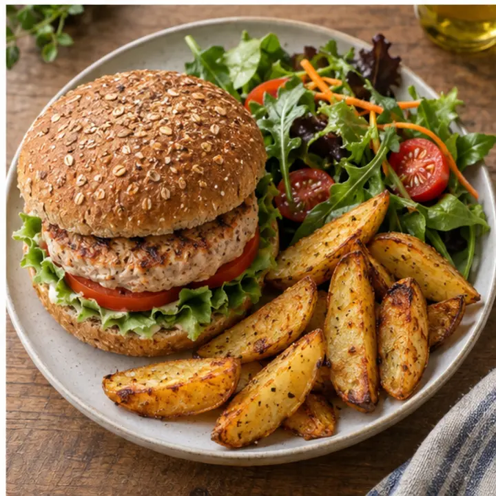 Hamburguesa casera de pavo con pan integral, patatas gajo y ensalada