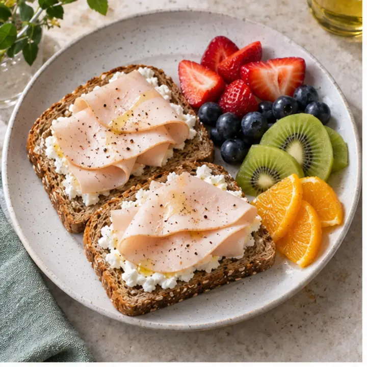 Tostadas integrales con queso fresco, pavo y fruta