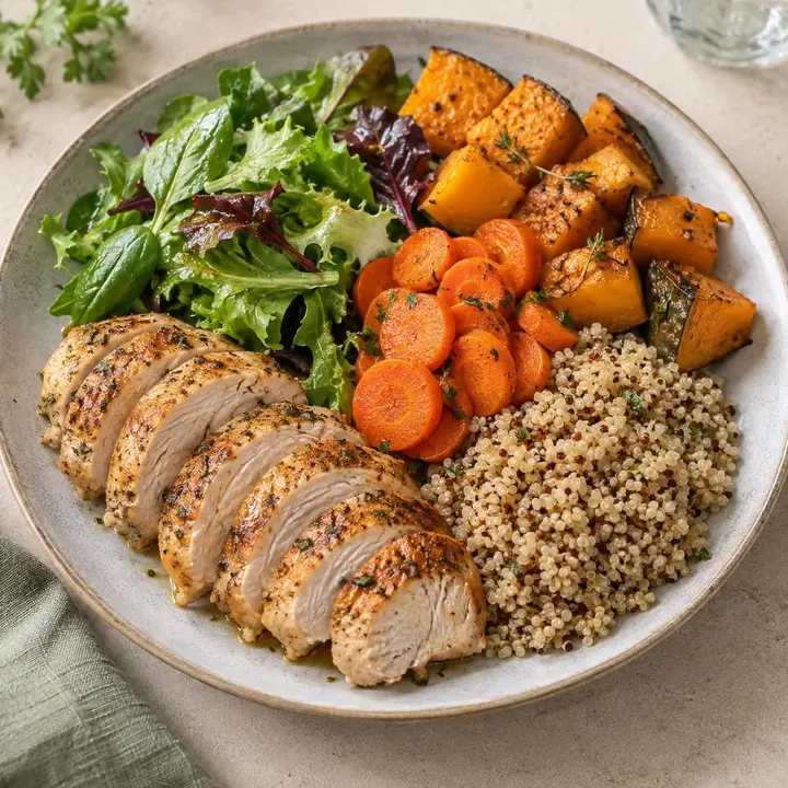 Pollo asado con quinoa, calabaza, zanahoria y ensalada