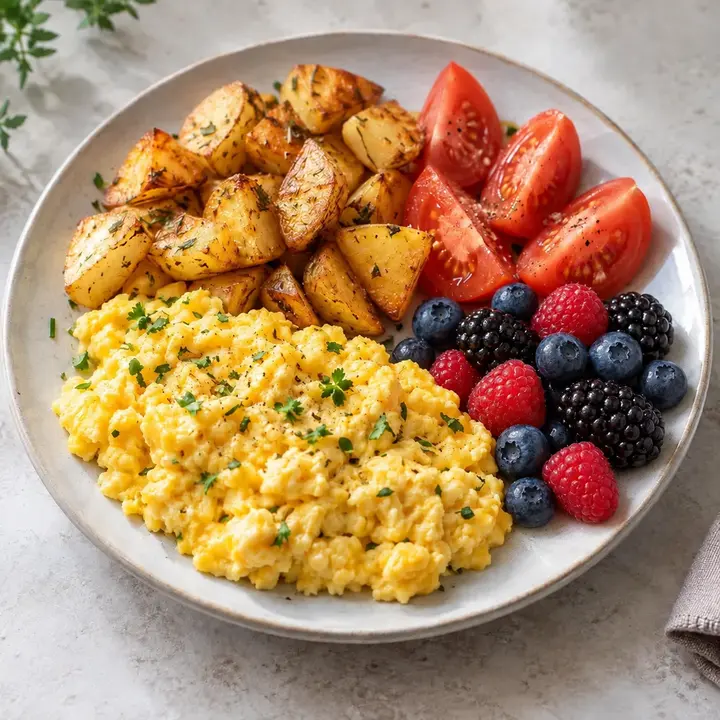 Huevos revueltos con patata, tomate, arándanos, moras y frambuesas