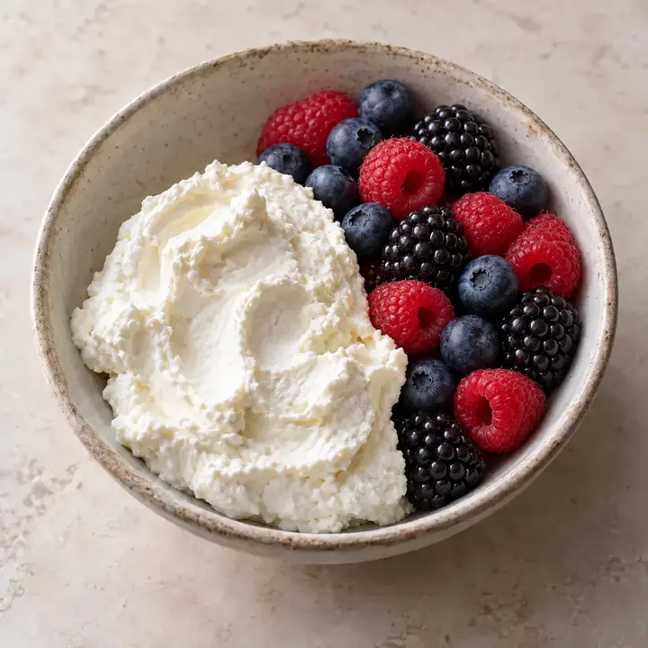 Queso fresco batido con arándanos, moras y frambuesas