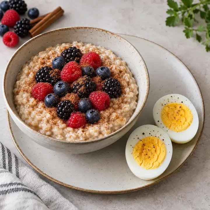 Porridge con arándanos, moras y frambuesas acompañado de huevos cocidos