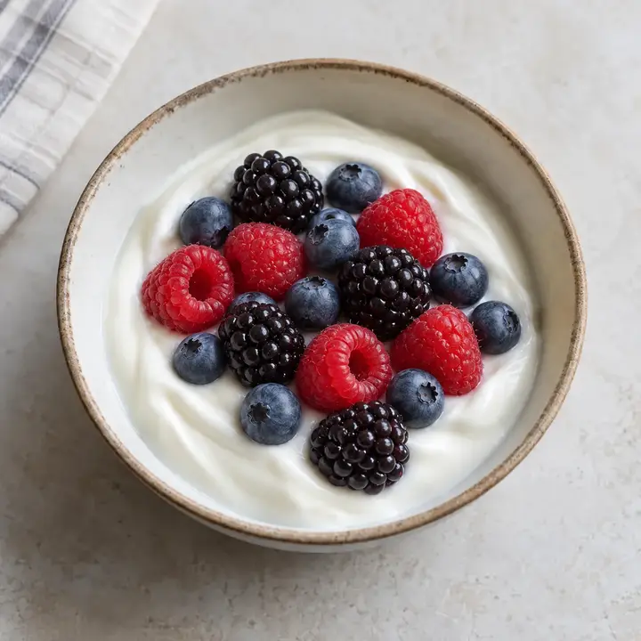 Yogur natural con arándanos, moras y frambuesas