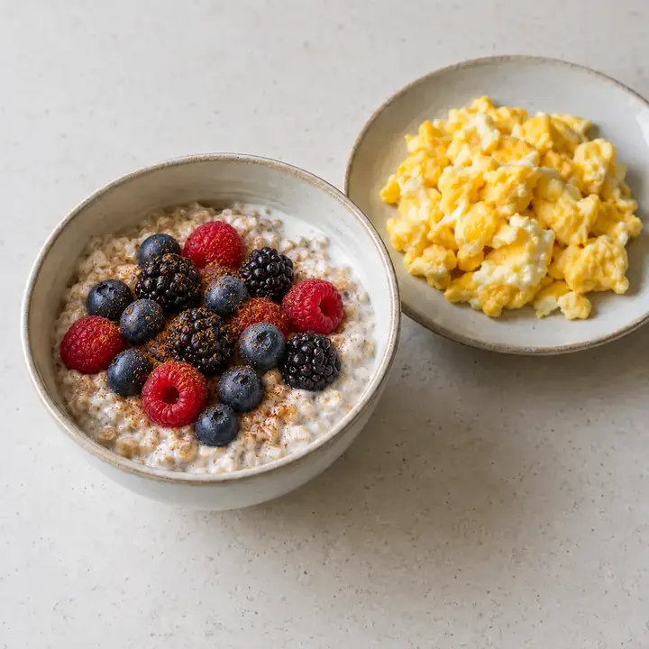Avena nocturna con yogur, arándanos, moras y frambuesas acompañada de huevos revueltos
