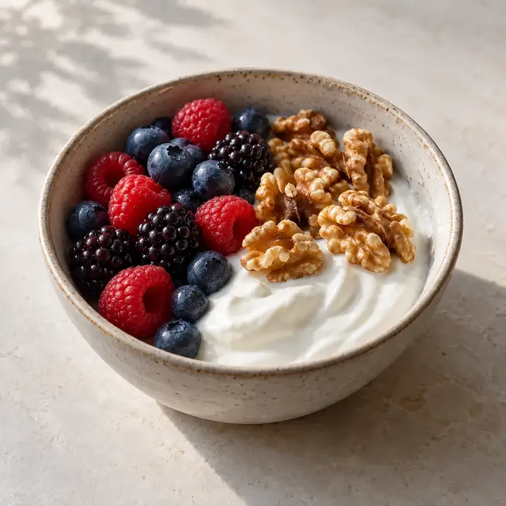 Yogur natural con arándanos, moras, frambuesas y nueces