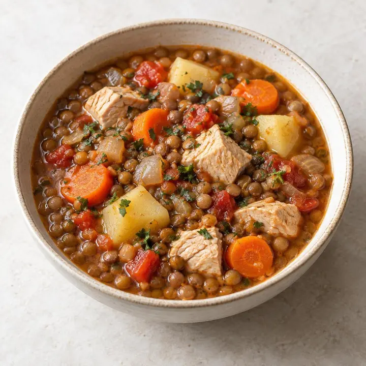 Guiso de lentejas con pavo y verduras