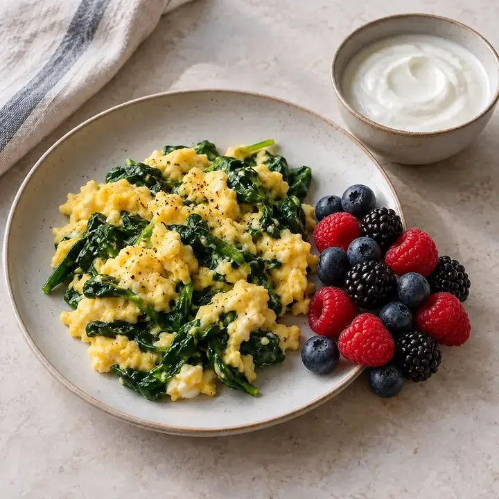 Huevos revueltos con espinaca, yogur natural, arándanos, moras y frambuesas
