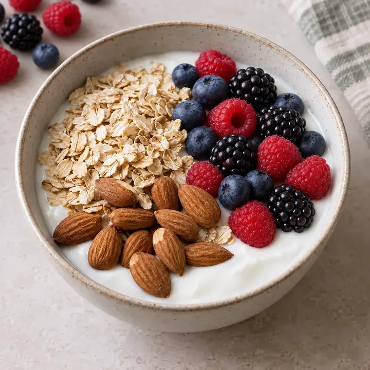 Yogur natural con avena, arándanos, moras, frambuesas y almendras
