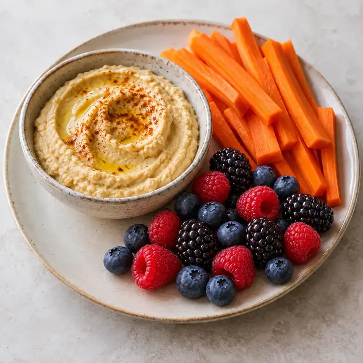 Hummus con zanahoria y un cuenco de arándanos, moras y frambuesas