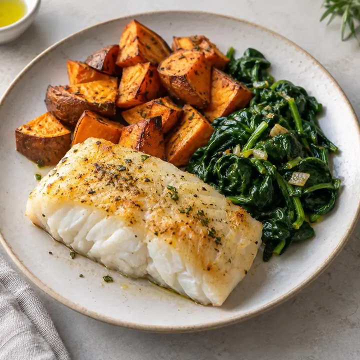Bacalao fresco cocinado con boniato y espinaca