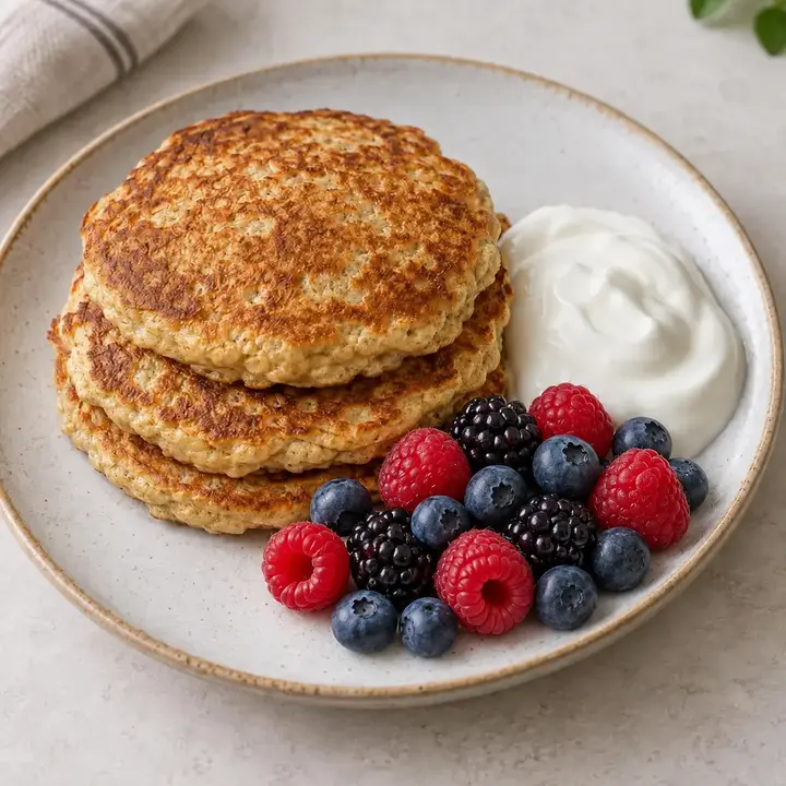 Tortitas de avena y huevo con yogur, arándanos, moras y frambuesas