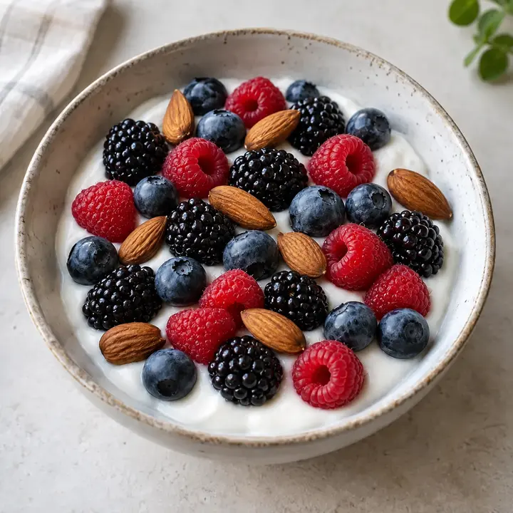 Yogur natural con arándanos, moras, frambuesas y almendras