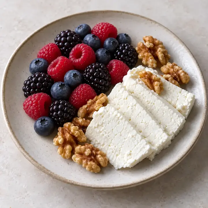 Queso fresco con arándanos, moras, frambuesas y nueces
