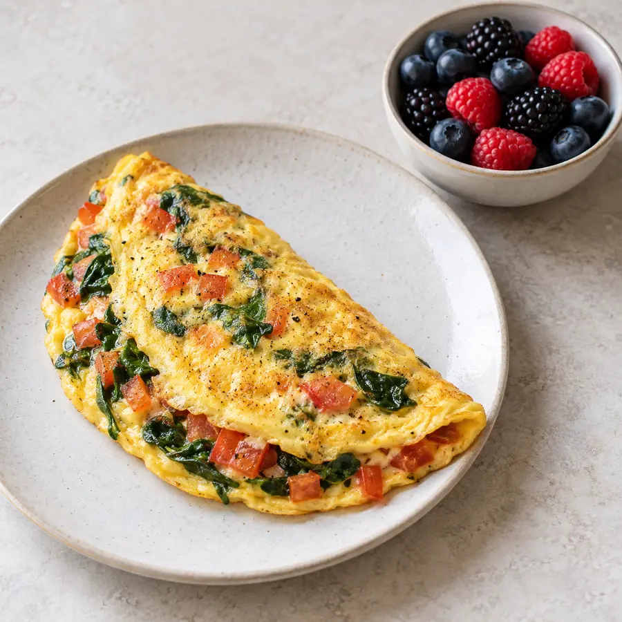 Tortilla de espinaca y tomate con arándanos, moras y frambuesas