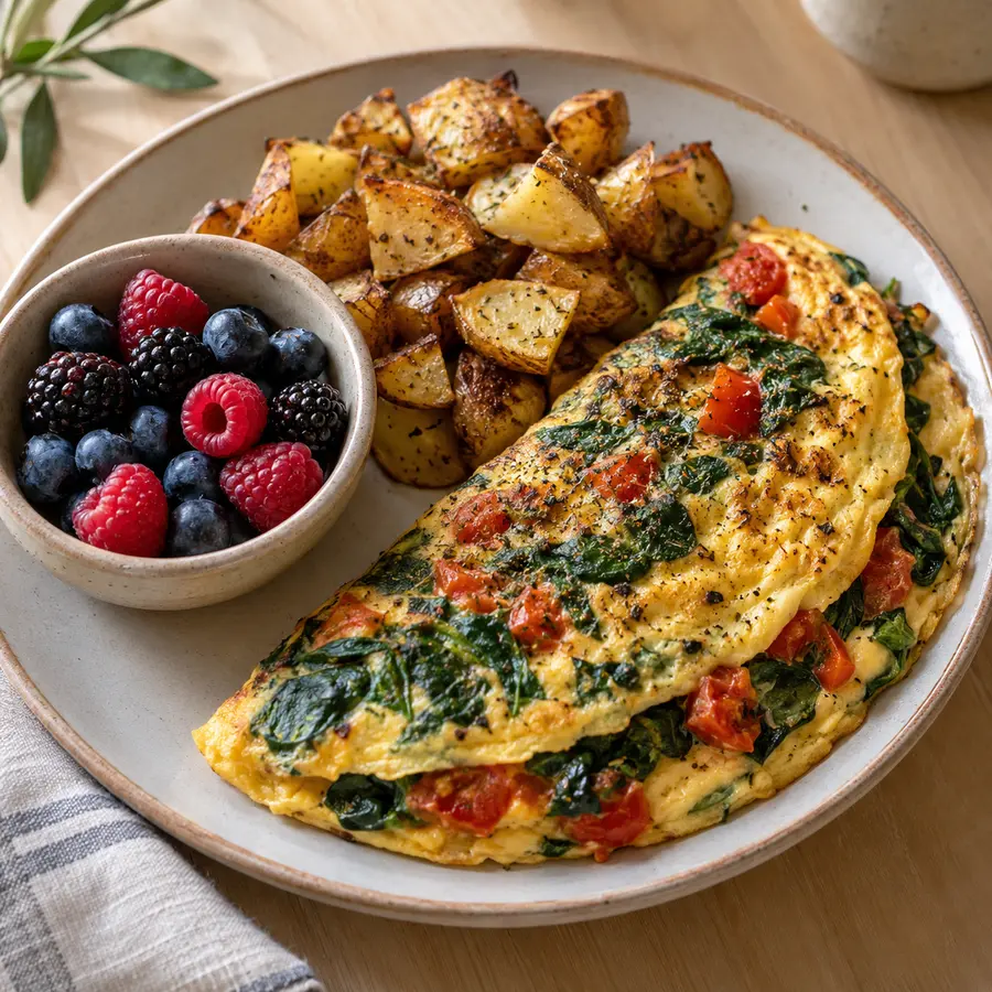 Huevos revueltos con patata, tomate, arándanos, moras y frambuesas