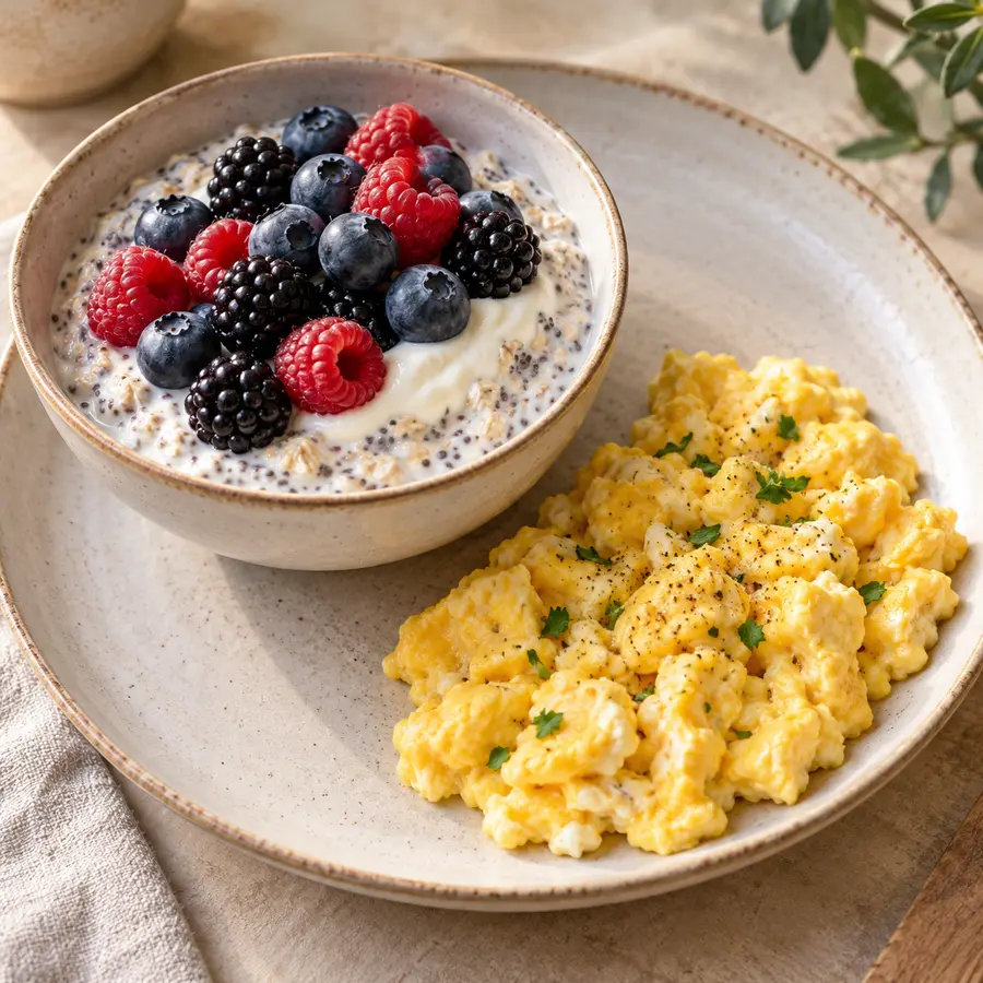Porridge con arándanos, moras y frambuesas acompañado de huevos cocidos
