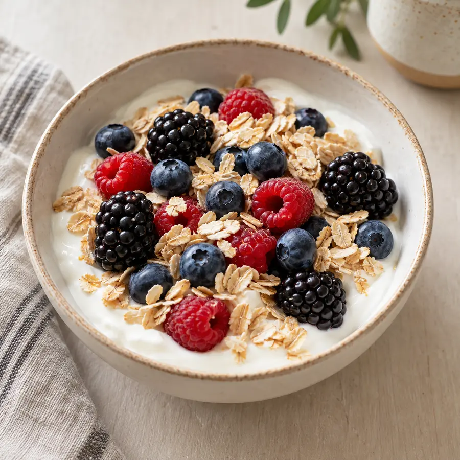 Yogur natural con arándanos, moras y frambuesas