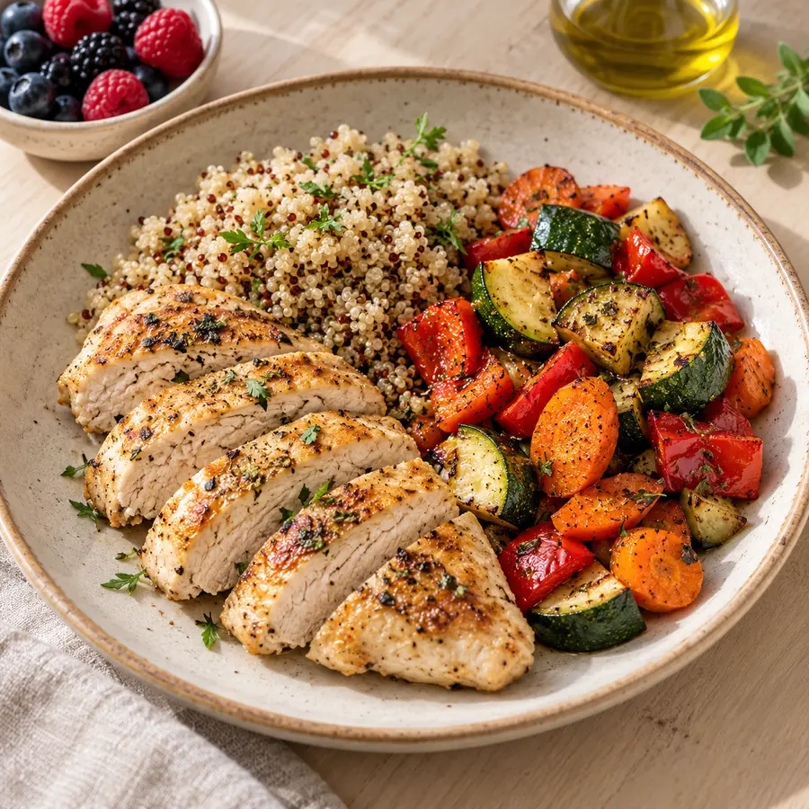 Pechuga de pollo a la plancha con quinoa y verduras asadas