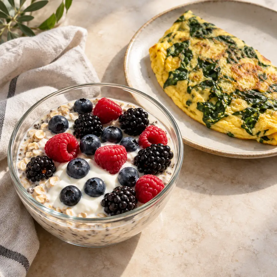 Avena nocturna con yogur, arándanos, moras y frambuesas acompañada de huevos revueltos