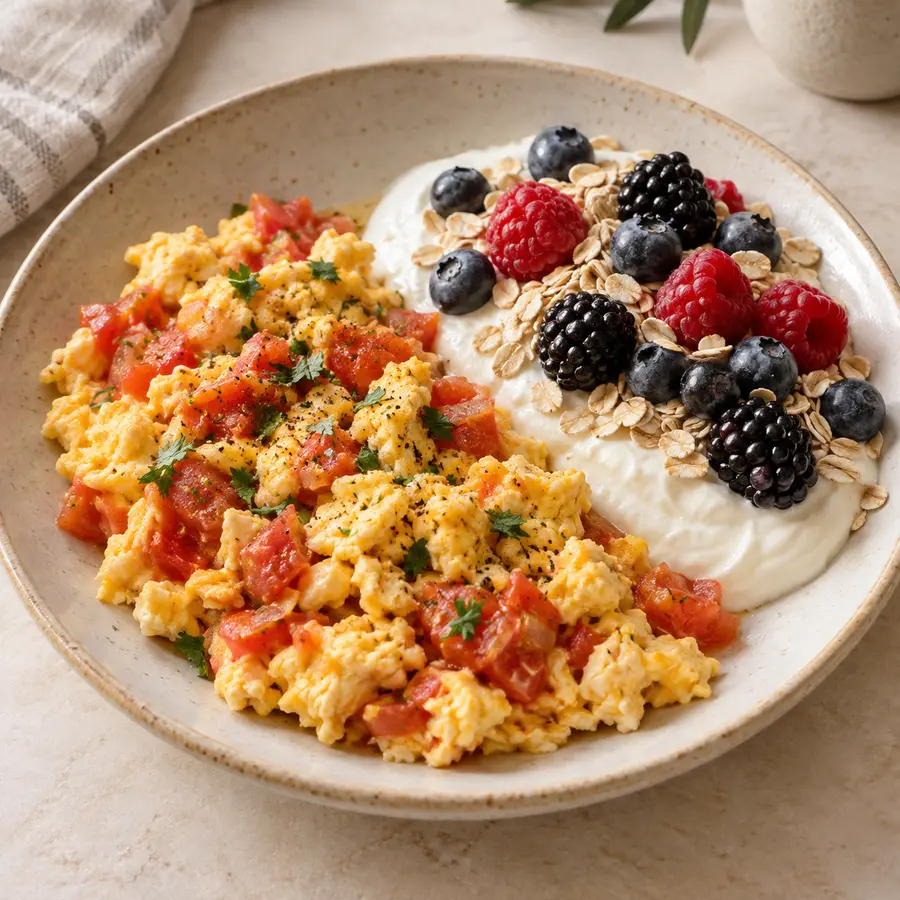 Huevos revueltos con espinaca, yogur natural, arándanos, moras y frambuesas