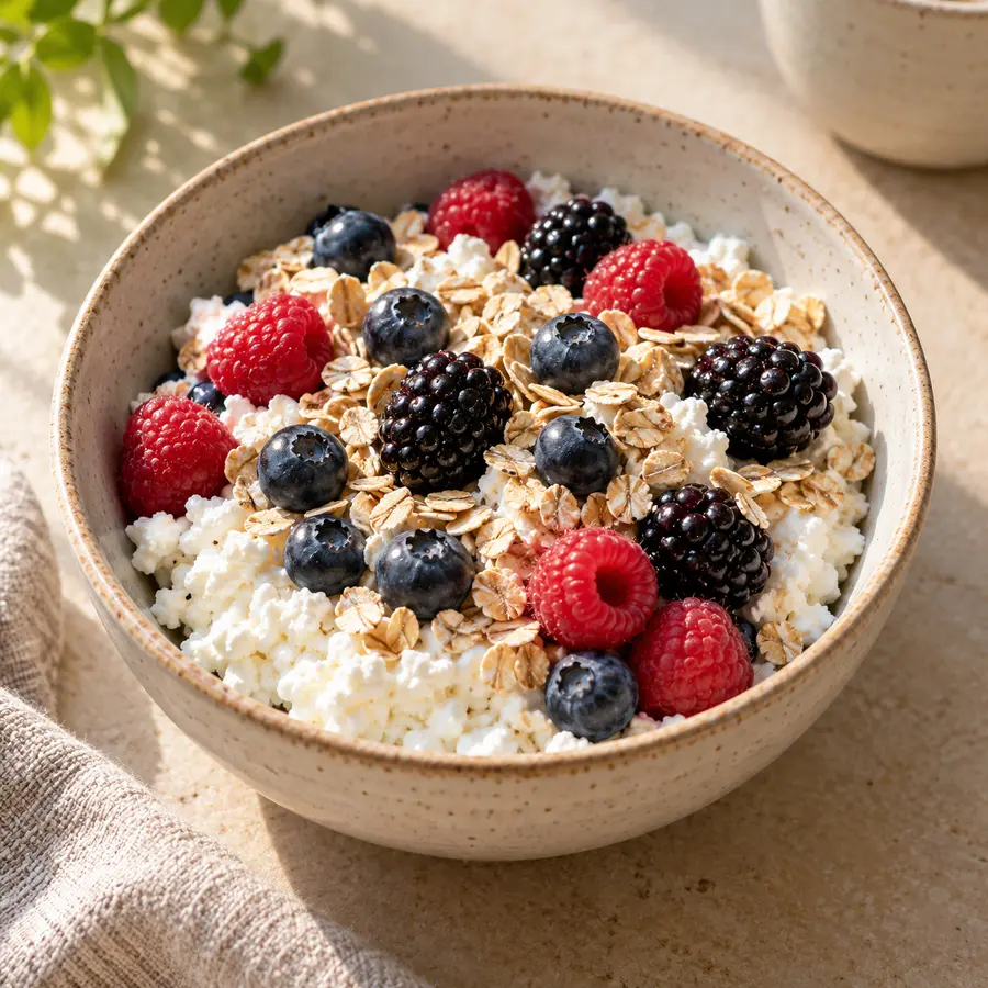Queso fresco batido con arándanos, moras y frambuesas