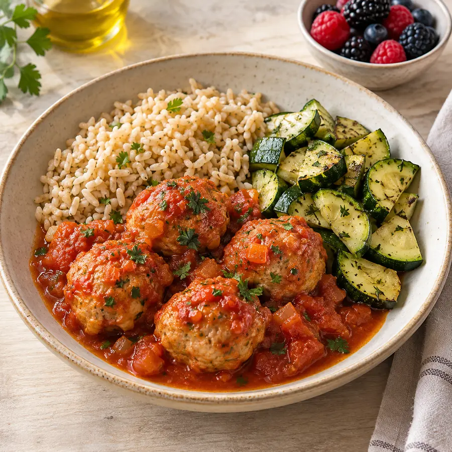 Albóndigas de pavo con salsa de tomate, calabacín y quinoa
