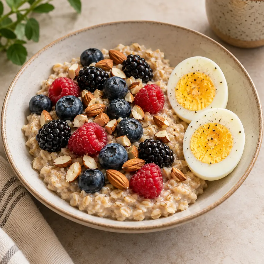 Yogur natural con avena, arándanos, moras, frambuesas y almendras