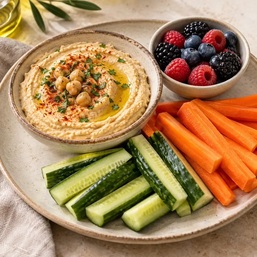 Hummus con zanahoria y un cuenco de arándanos, moras y frambuesas