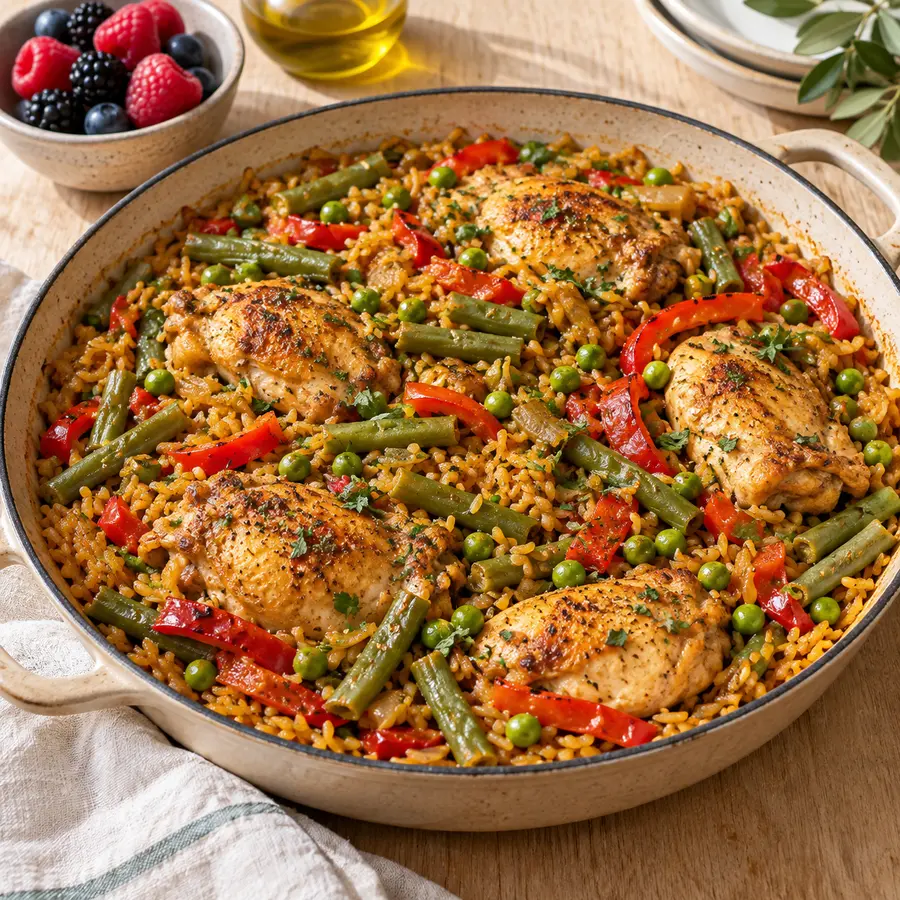 Arroz integral con pollo cocinado y verduras