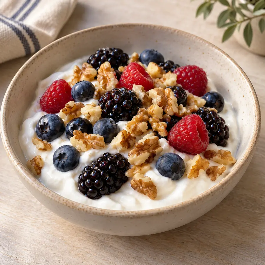 Yogur natural con arándanos, moras, frambuesas y almendras