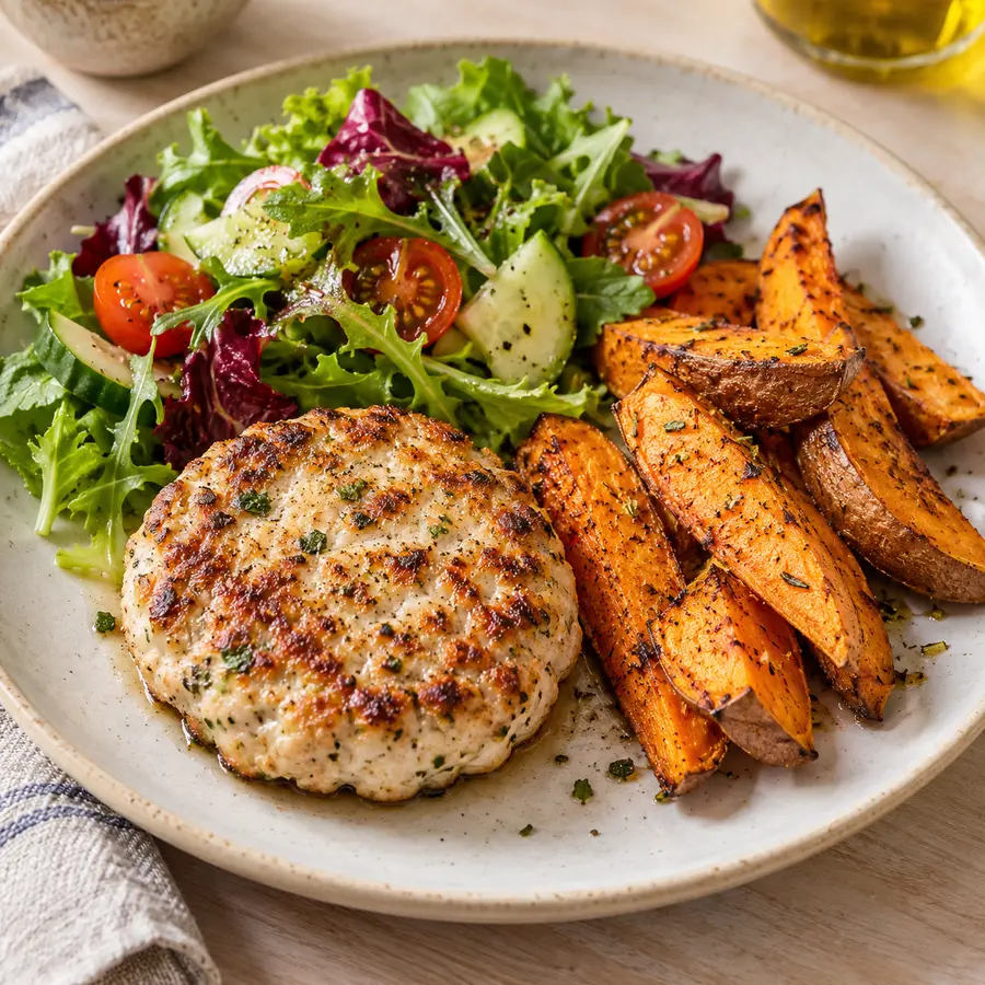 Hamburguesa de pollo sin pan con patatas gajo y ensalada