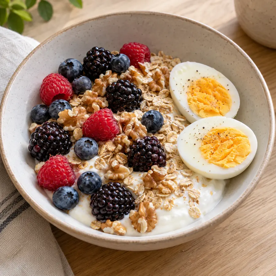 Avena nocturna con frutos rojos frescos y tortilla cuajada