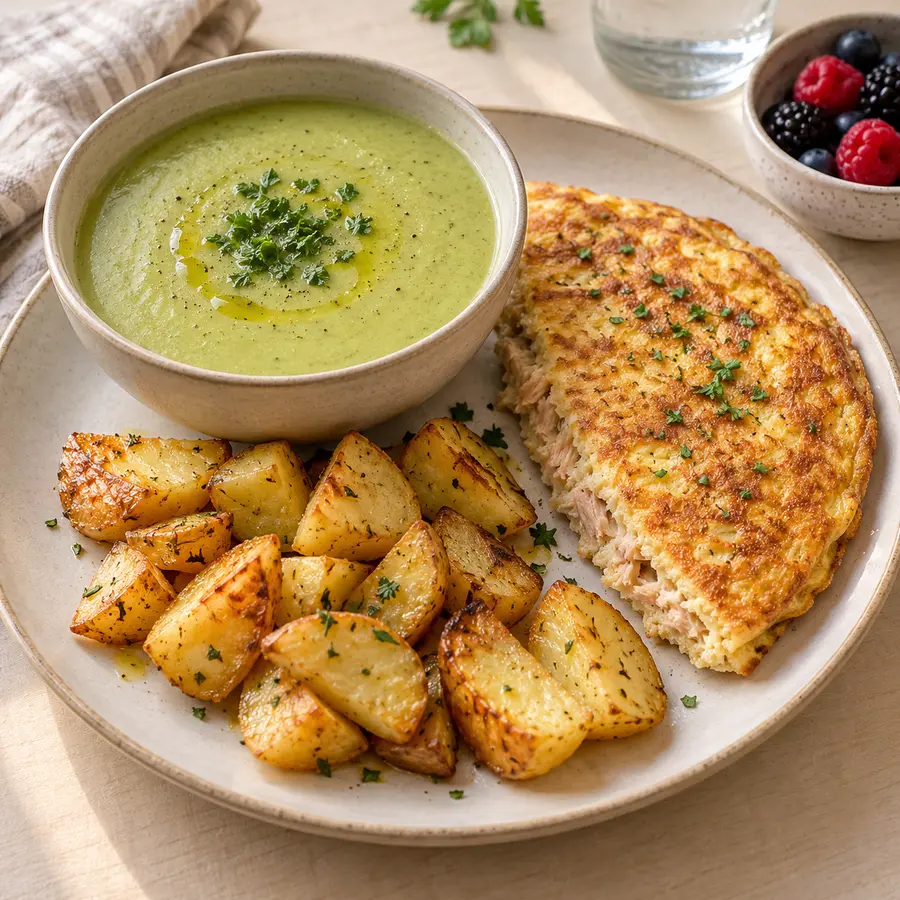 Crema de calabaza con tortilla de atún bien cuajada