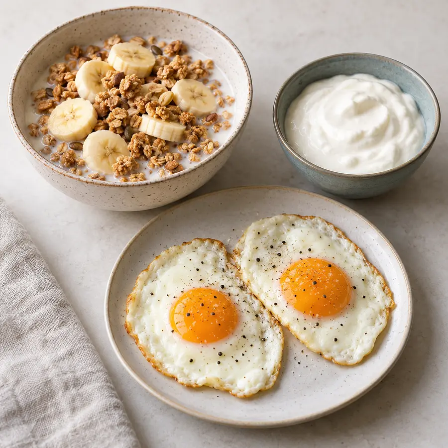 Granola con leche y plátano acompañada de huevos a la plancha