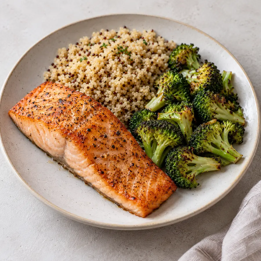 Salmón cocinado con quinoa y brócoli