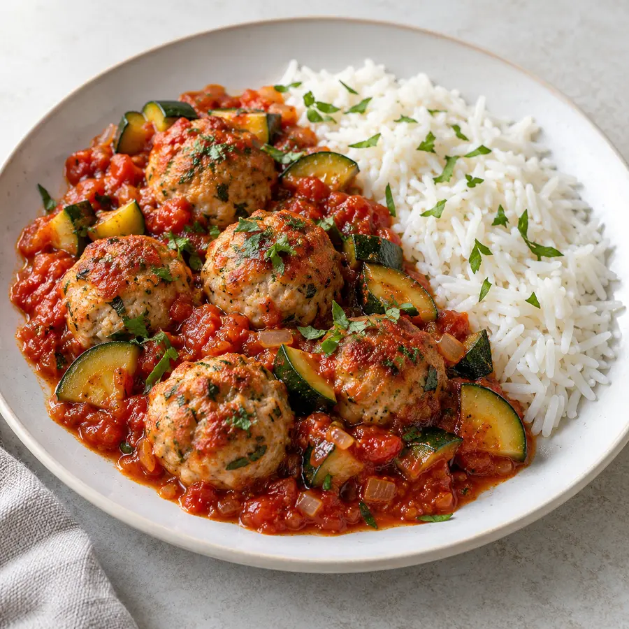 Albóndigas de pavo con arroz blanco, salsa de tomate y calabacín