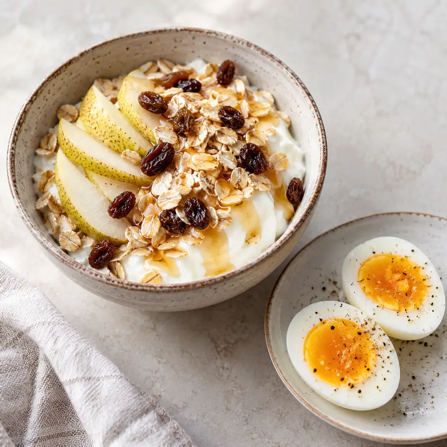 Yogur con avena, pera, pasas, miel y huevos cocidos
