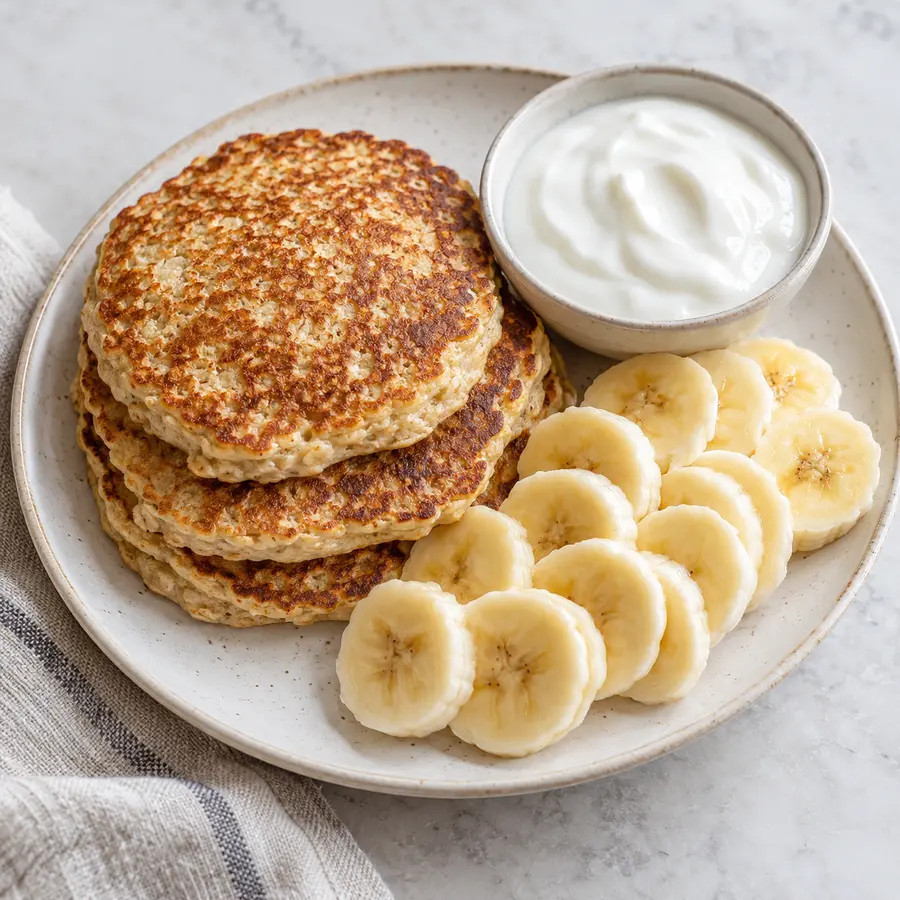 Tortitas de avena y huevo con yogur y plátano