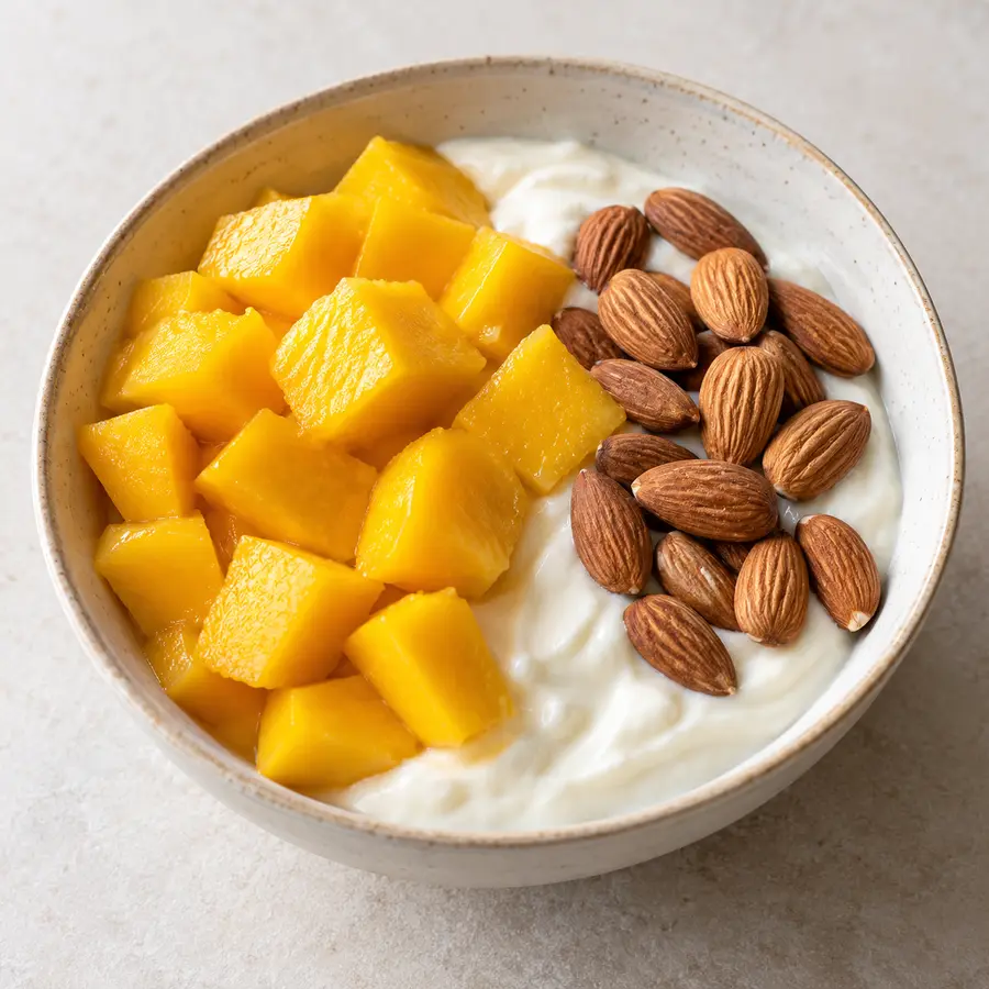 Yogur natural con mango y almendras