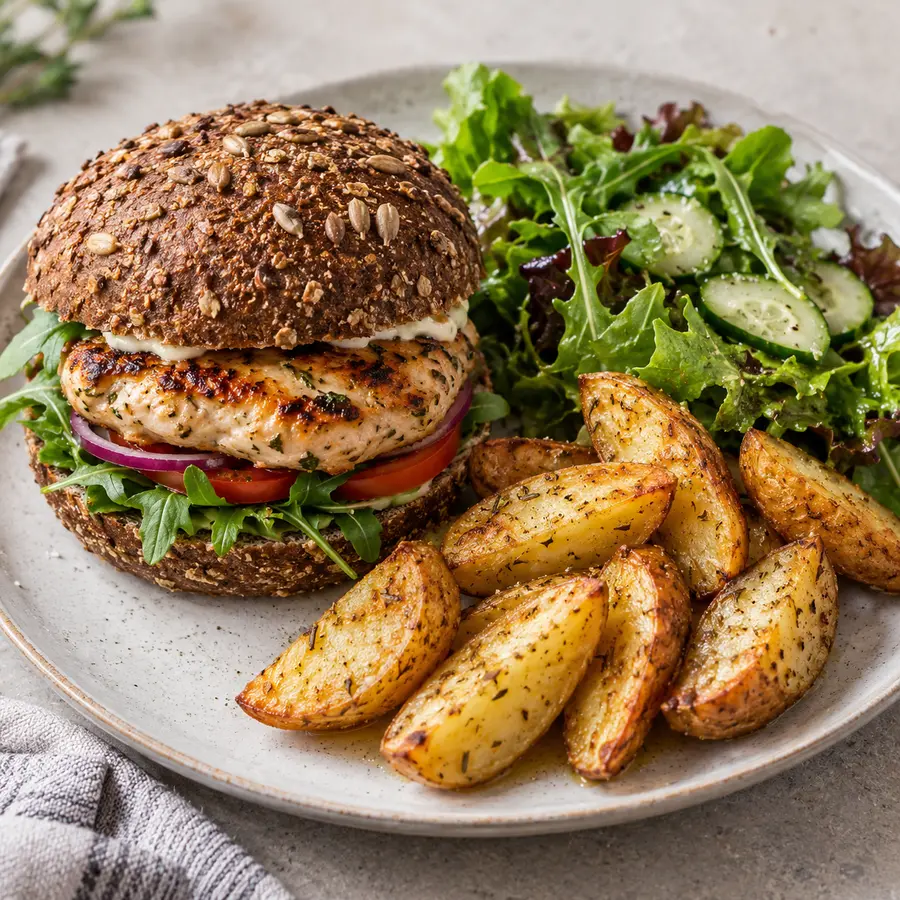Hamburguesa de pollo con pan de centeno, patatas gajo y ensalada