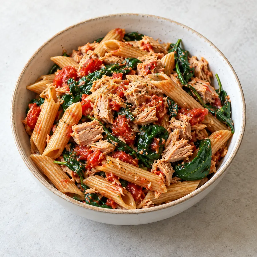 Pasta integral de trigo con atún, tomate y espinaca